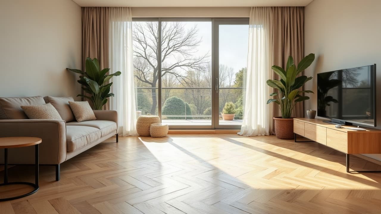 Détail d'un parquet massif fraîchement posé avec un joint de dilatation discret en périphérie