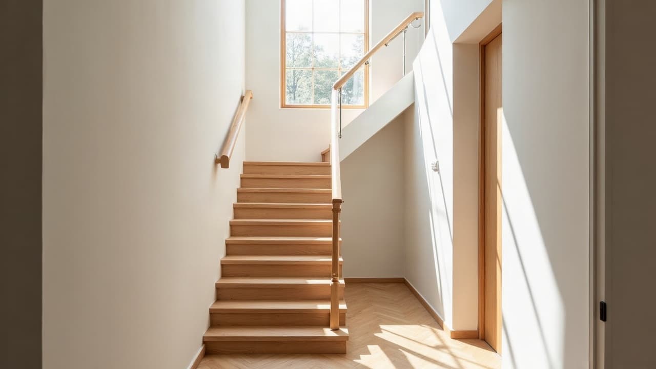 Escalier bois contemporain à limon clair et parquet posé dans une pièce lumineuse