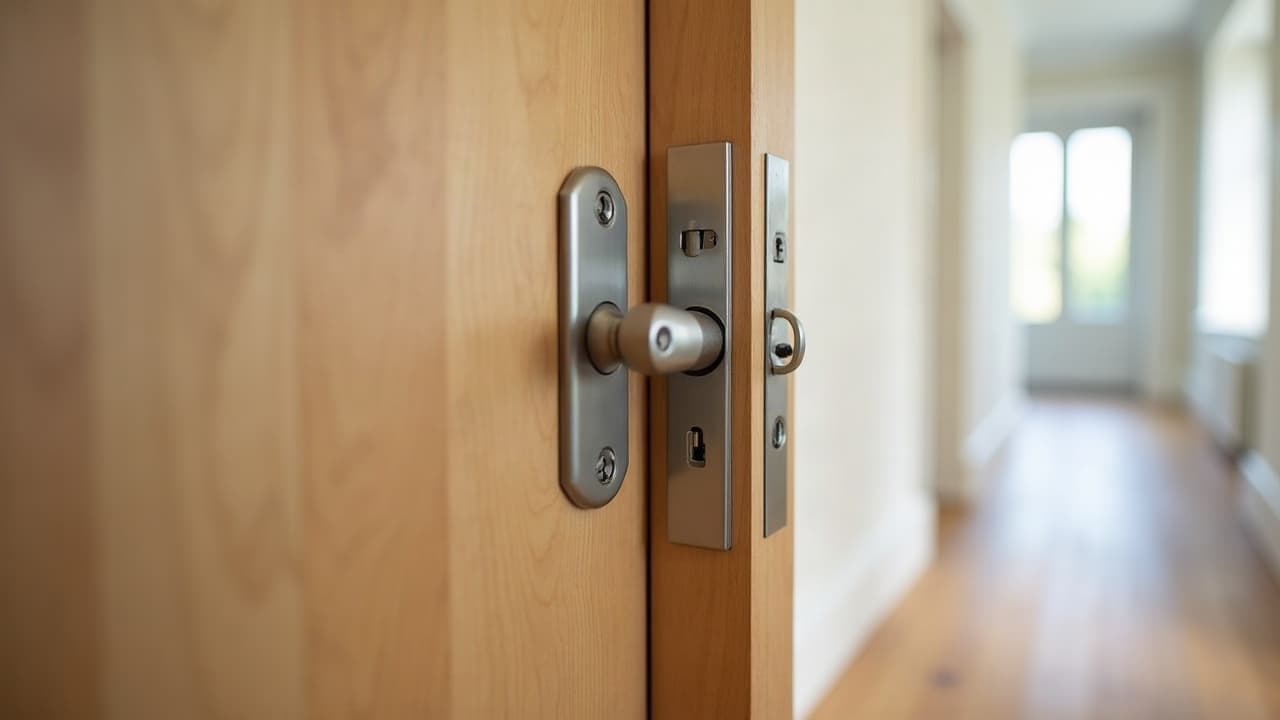 Porte intérieure bois massif avec huisserie ajustée dans un couloir aux finitions soignées