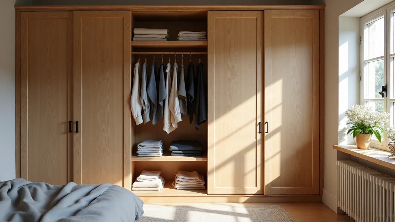 Dressing sur mesure installé dans une chambre, agencement bois clair et rangements intégrés