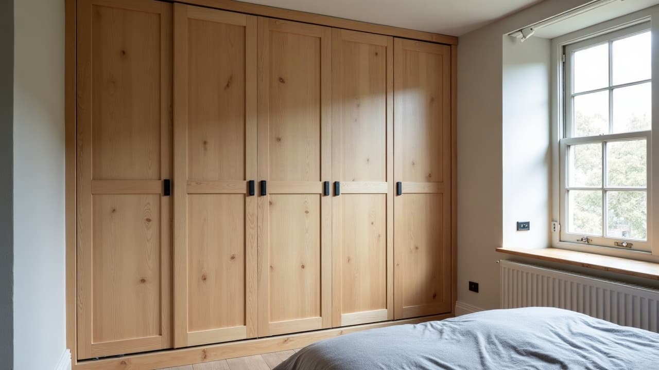 Placard dressing sur mesure intégré dans une chambre, portes coulissantes en bois clair