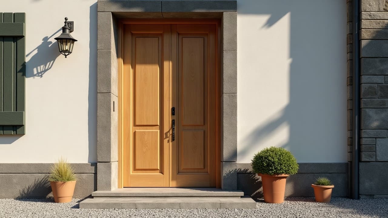 Porte d'entrée en bois massif sur mesure, finition soignée dans une villa rénovée