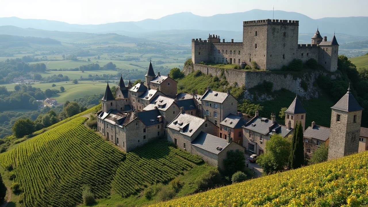 Château fort du XIVe siècle et vignoble de Châteaugay, au nord de Clermont-Ferrand