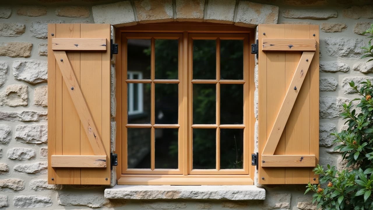 Volet battant en bois sur mesure restauré, finition traditionnelle sur façade ancienne