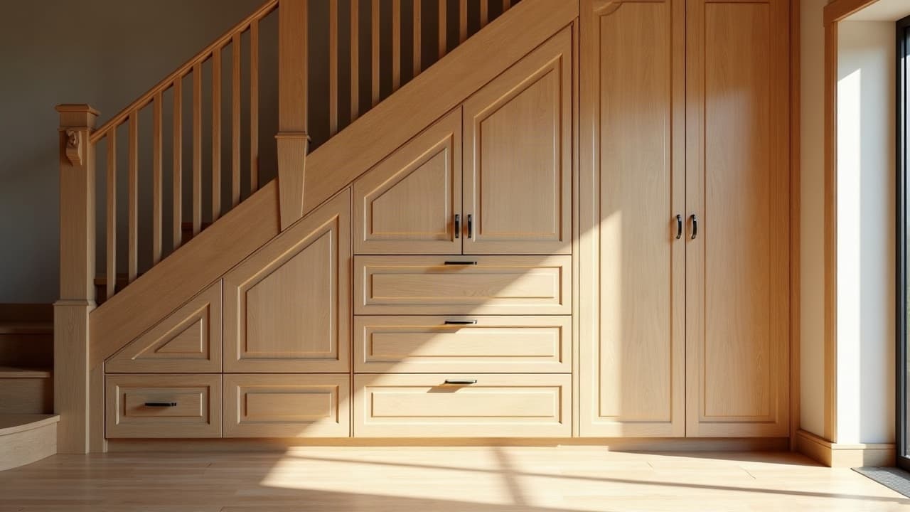 Rangement sur mesure intégré sous un escalier, bois clair et finitions soignées
