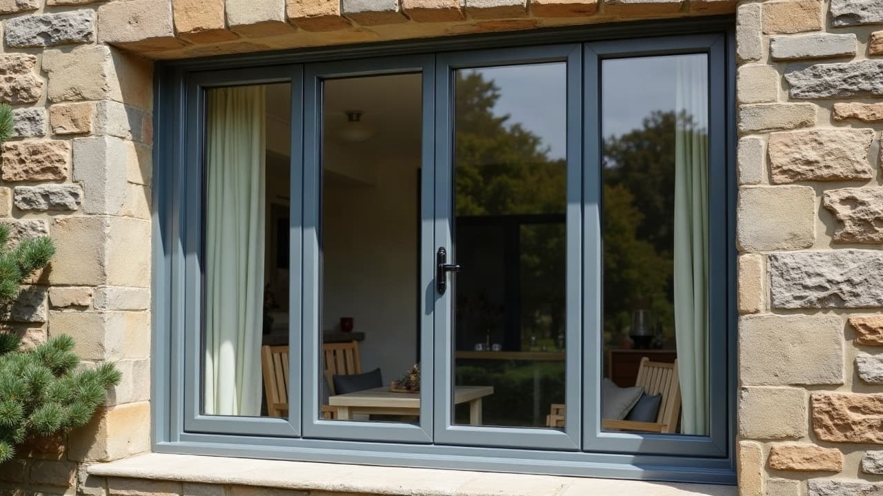Profilé aluminium fin posé sur une baie vitrée dans une façade ancienne rénovée