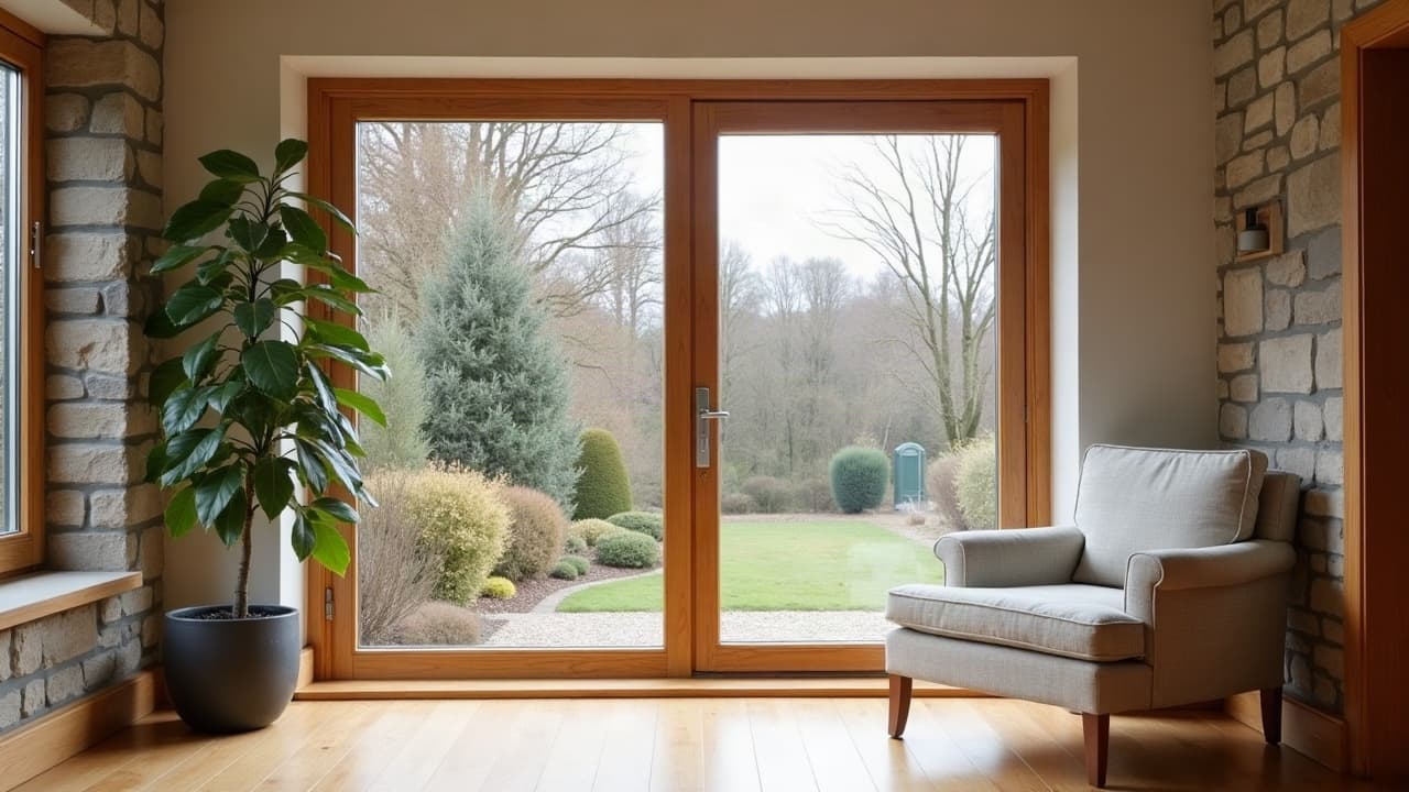 Intérieur d'une fenêtre mixte bois et aluminium, chant bois visible côté pièce