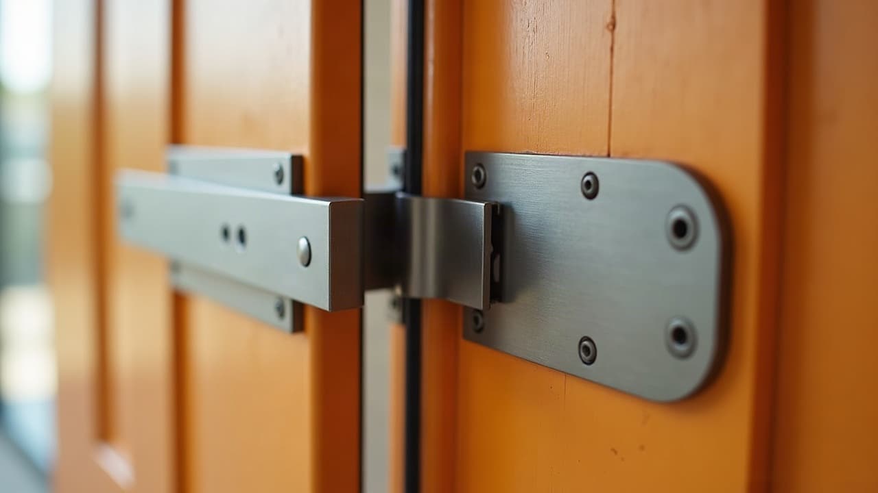 Serrure multipoint et paumelles renforcées sur une porte d'entrée fermée