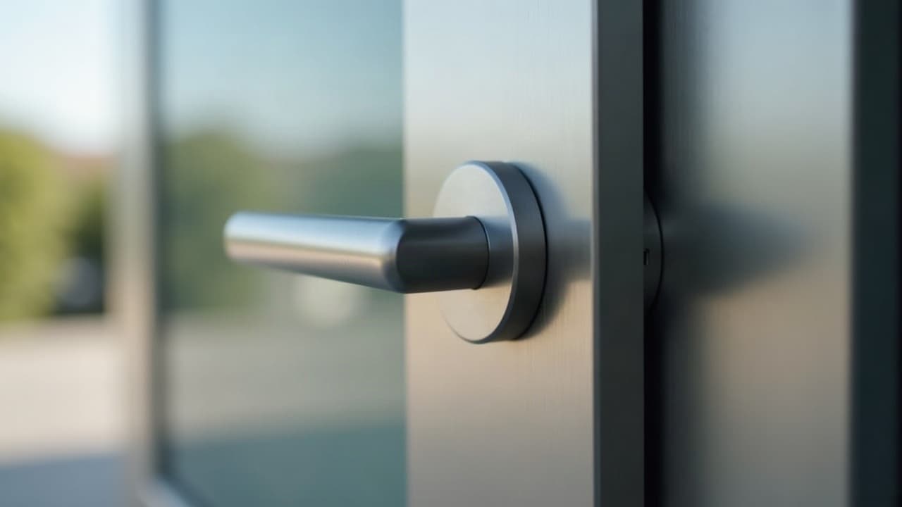 Détail d'une poignée et d'un cylindre de serrure sur une porte d'entrée aluminium moderne