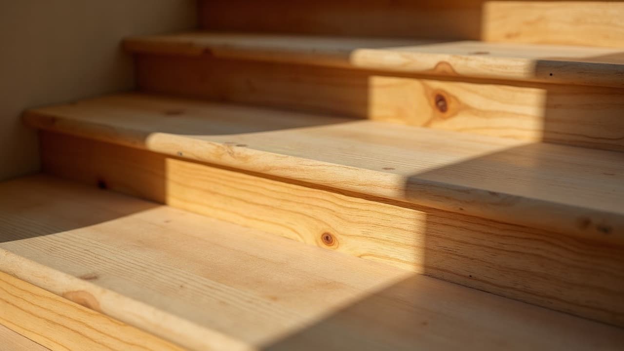 Détail de marches en bois massif avec nez de marche arrondi et giron régulier