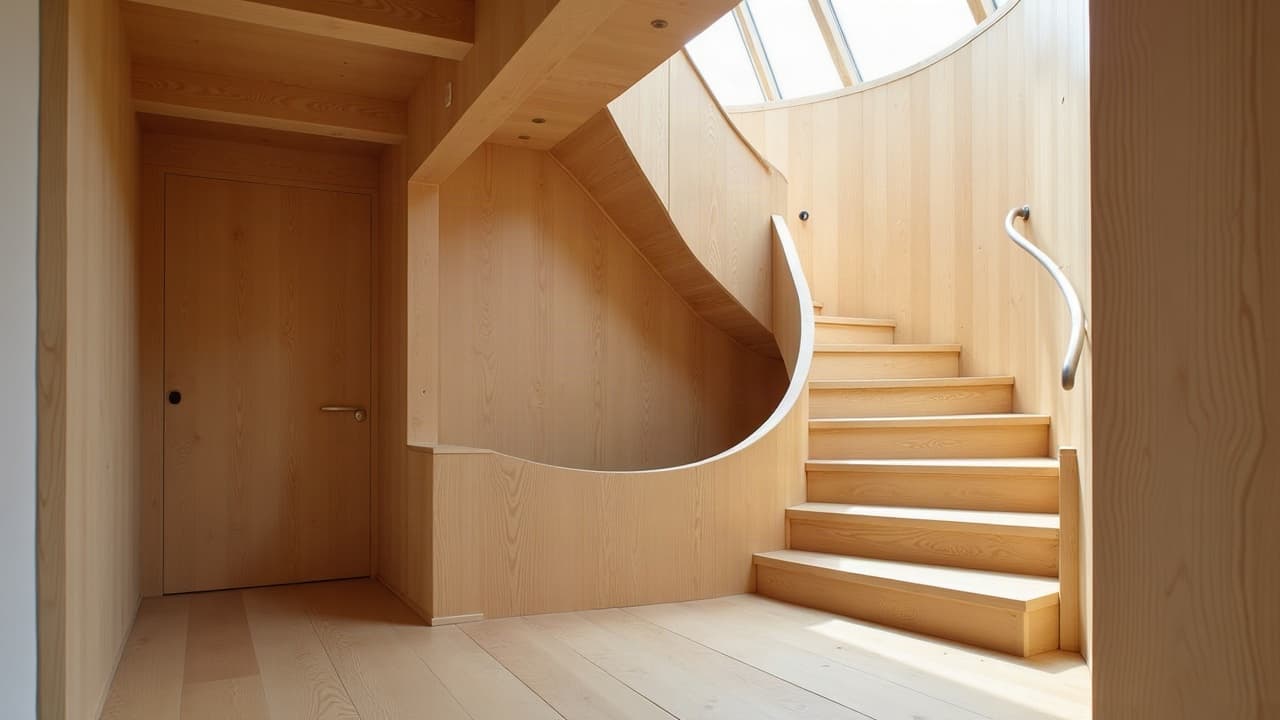 Escalier à quart tournant en bois avec marches balancées, vue depuis le palier