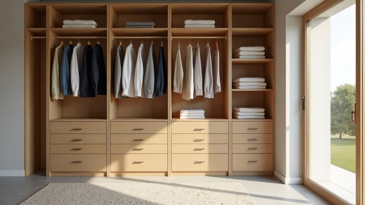 Intérieur de dressing sur mesure avec penderie double, tiroirs et étagères dessinés
