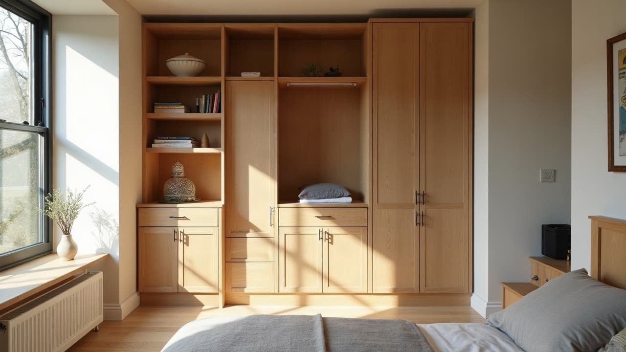 Dressing sur mesure ajusté dans un angle irrégulier d'une chambre du bâti ancien