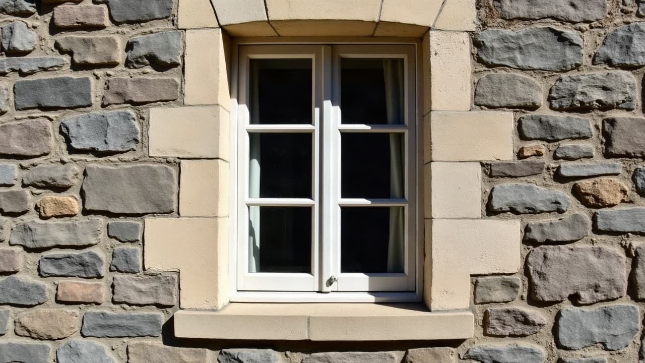 Fenêtre à petits bois en bois peint, restaurée sur une façade en pierre du centre ancien