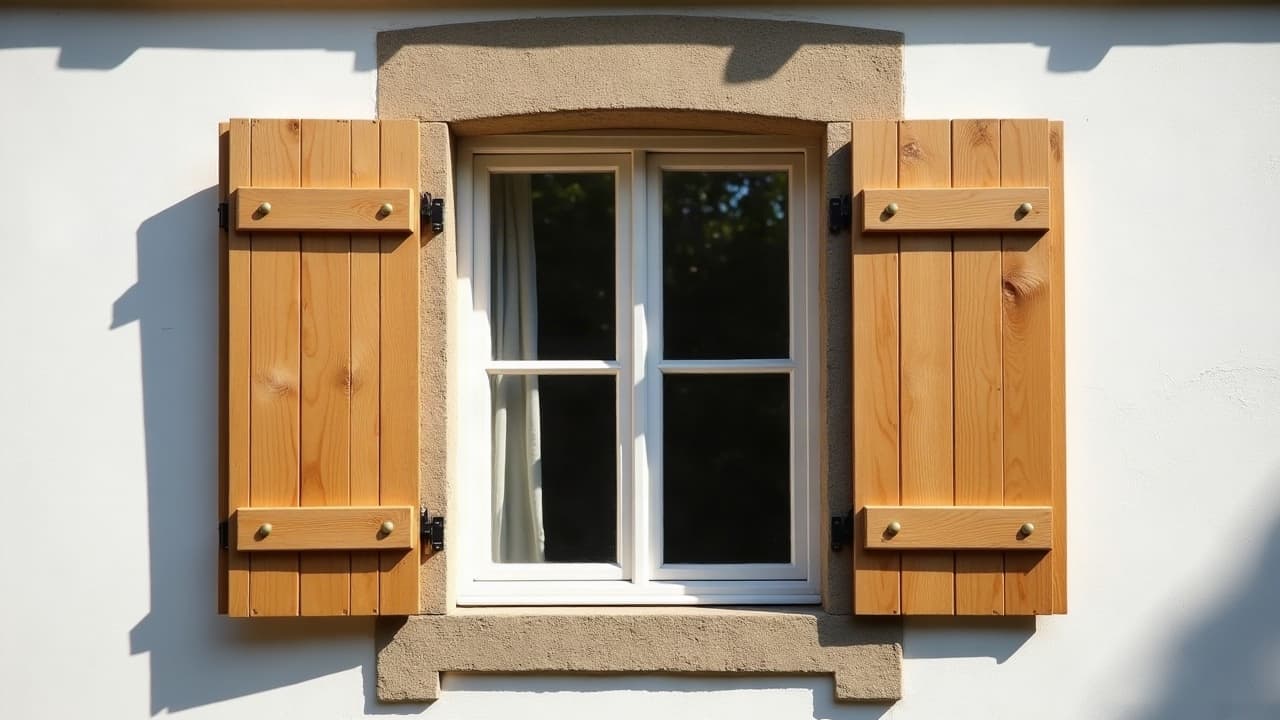 Volets battants en bois entrouverts sur une fenêtre à petits carreaux d'une maison ancienne